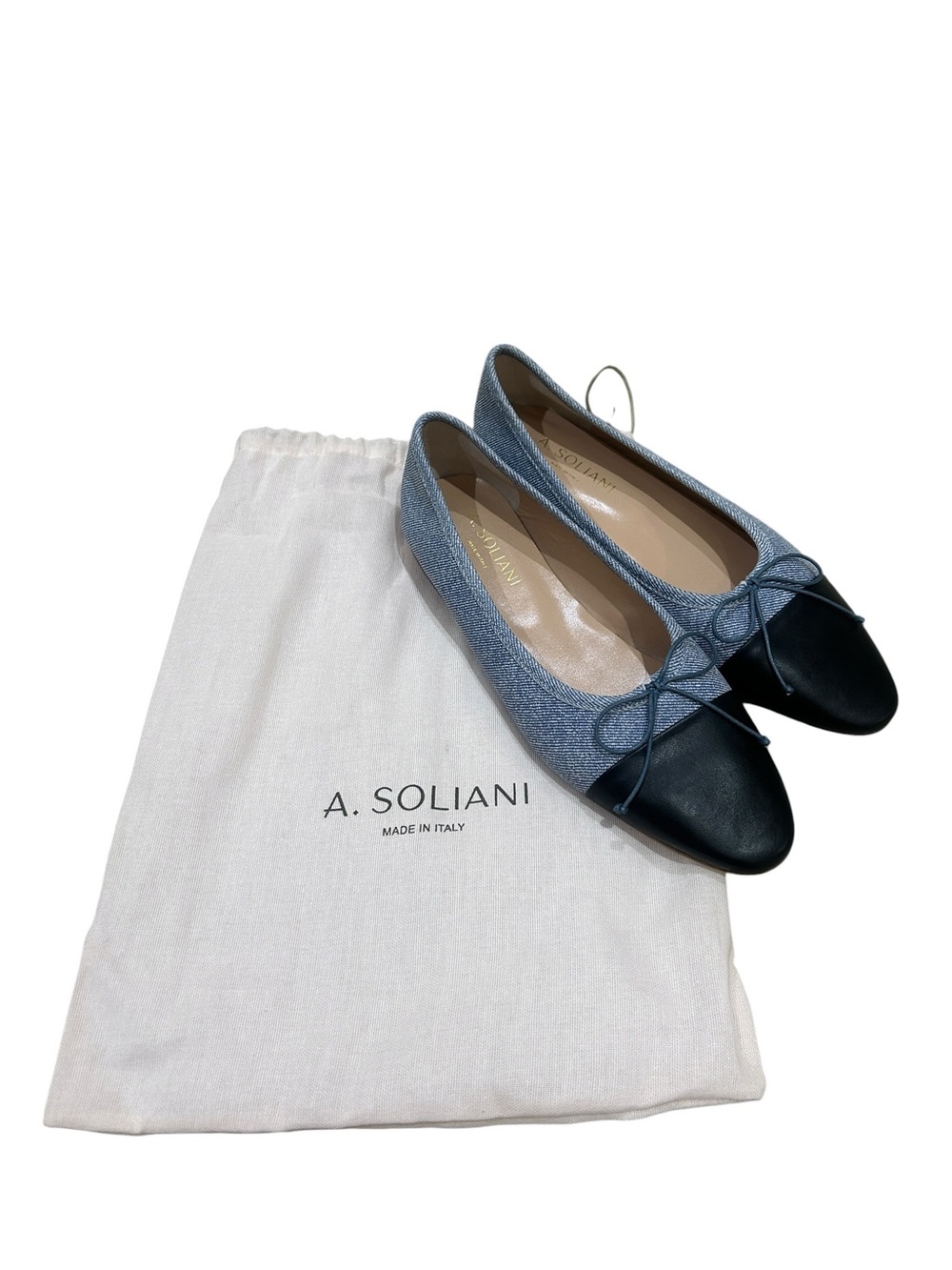 A. Soliani COMO Two-Tone Denim & leather Ballet Flats Black Cap Toe Italy EU 41